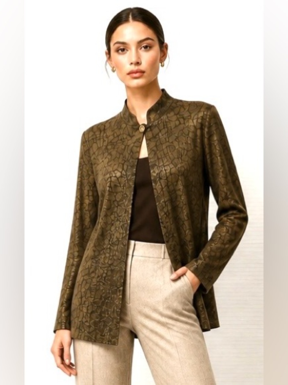 CHICOS Travelers Cardigan Sweater Geometric Brown Snap Career